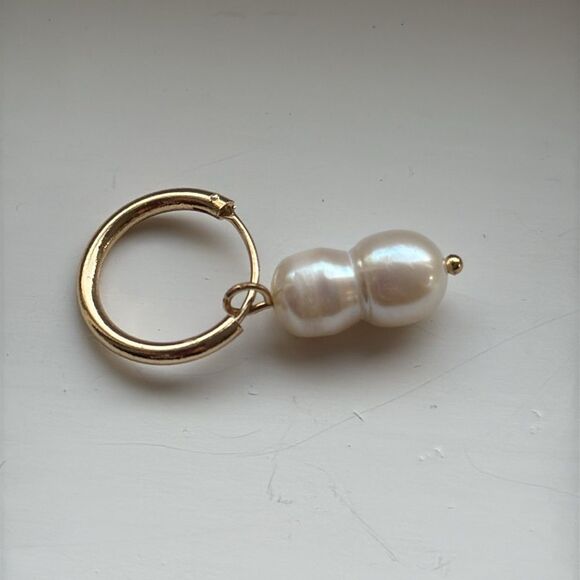 Men’s Twin Pearl Gold Hoop Earrings Genuine Cultured Double Pearl Drop Hoops New - Picture 4 of 6